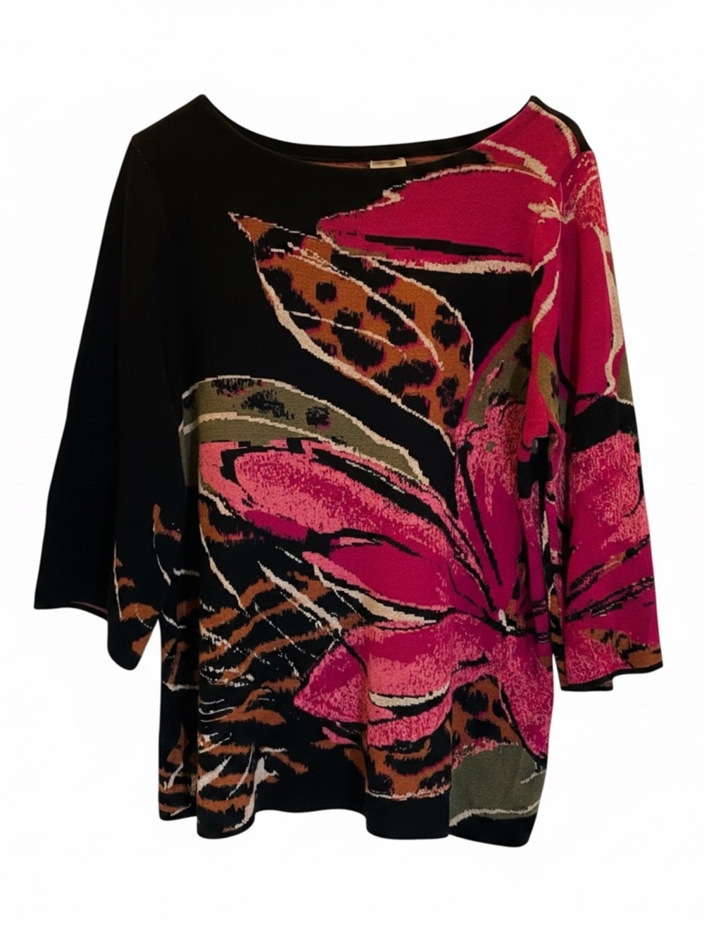 Chico's Black & Fuchsia Bold Floral-Print Boatneck Pullover Tunic Sweater Sz XL